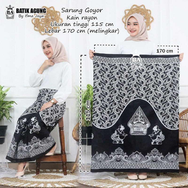 KAIN SARUNG WAYANG BAGONG SANTUNG HITAM PUTIH REMAJA WANITA SARUNG BATIK PEKALONGAN SANTRI PUTRI UNTUK SERAGAM