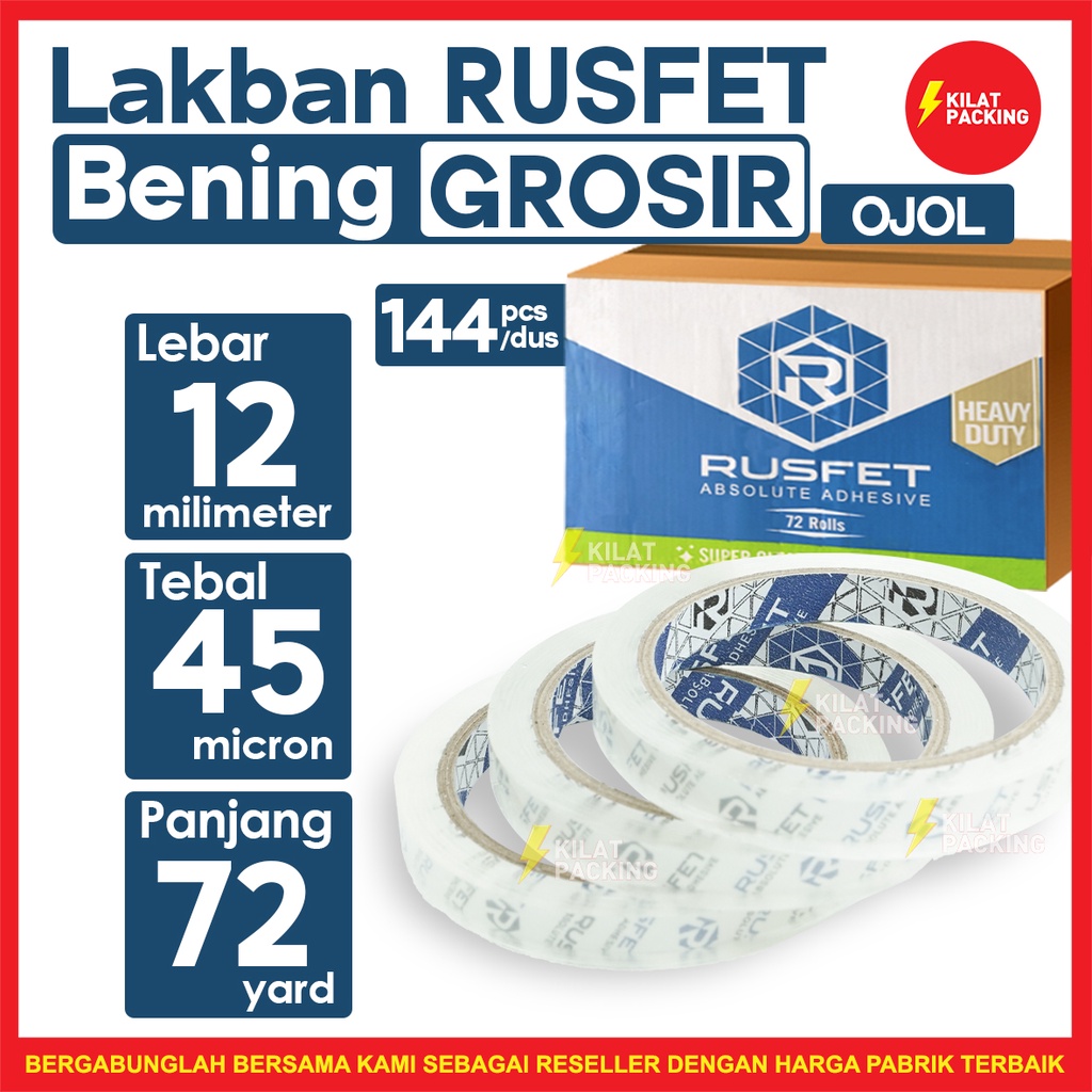 

Lakban Bening RUSFET 0.5 Inch(12mm)-Clear Premium 72yard DUSGOJEK/GRAB