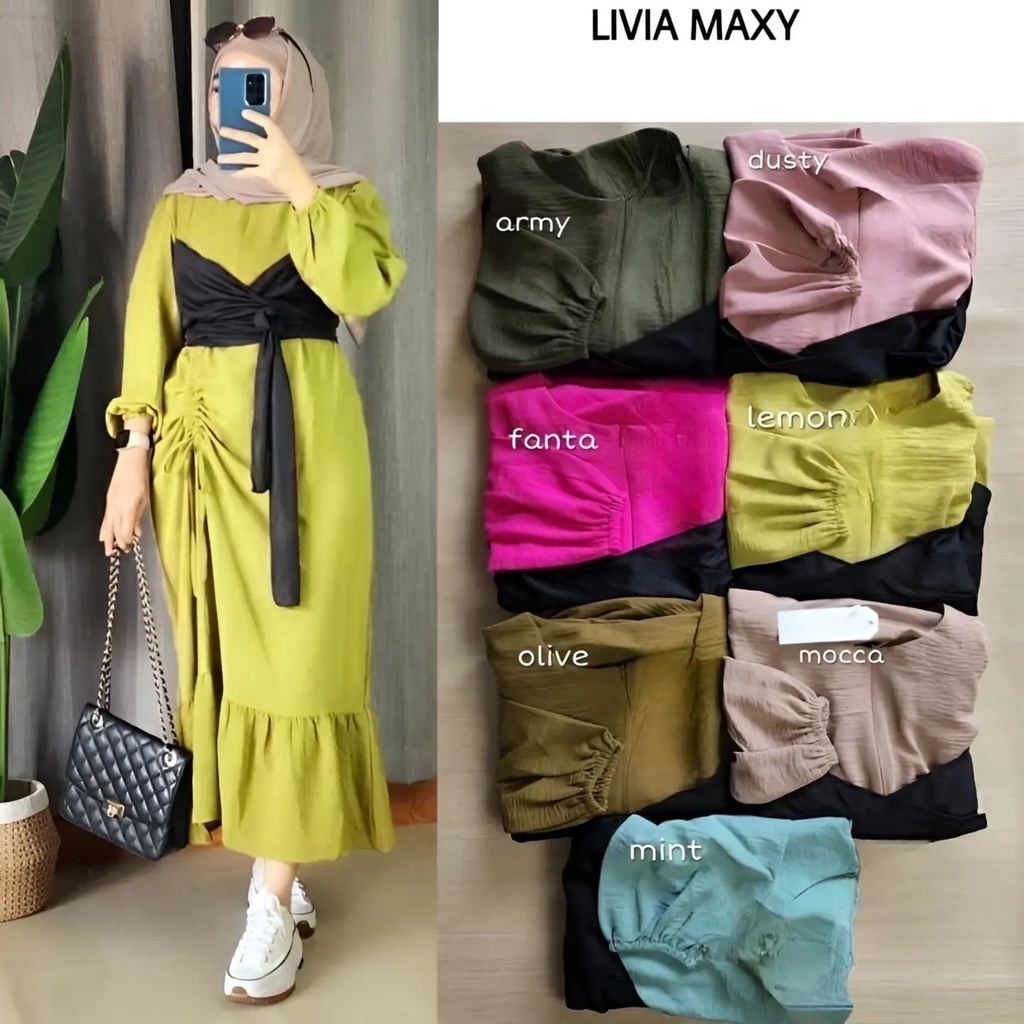 Dress Serut Kekinian /Dres Kerut Lengan Panjang Aplikasi Rompi Tempel / midi dress / dress Zipper Depan / midi dress rayon / dress muslim / dress muslim korea / midi dress korea / midi dres /  midi dress muslim / Livia maxy