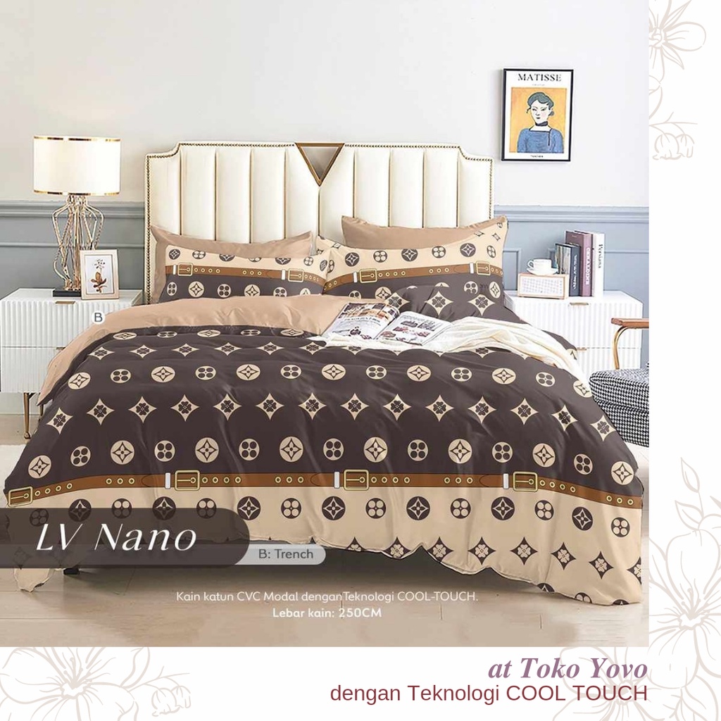 Sprei Katun Halus Pria LV Motif Nano Mewah Cream Coffee Brown Seprei