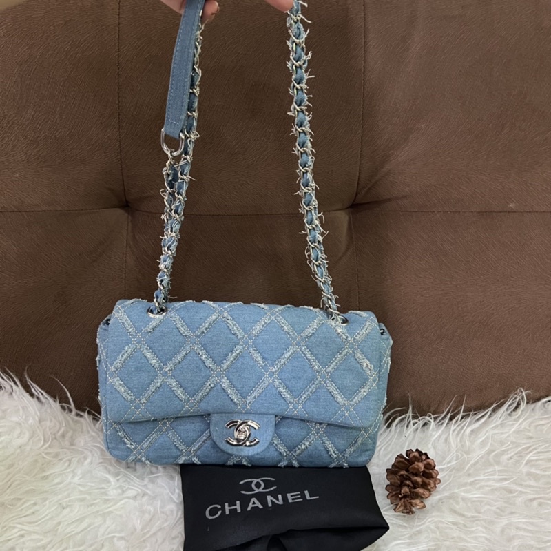 preloved chanel denim bag|chanel chain bag|tas rantai kanvas denim|shoulder rantai ala cendol