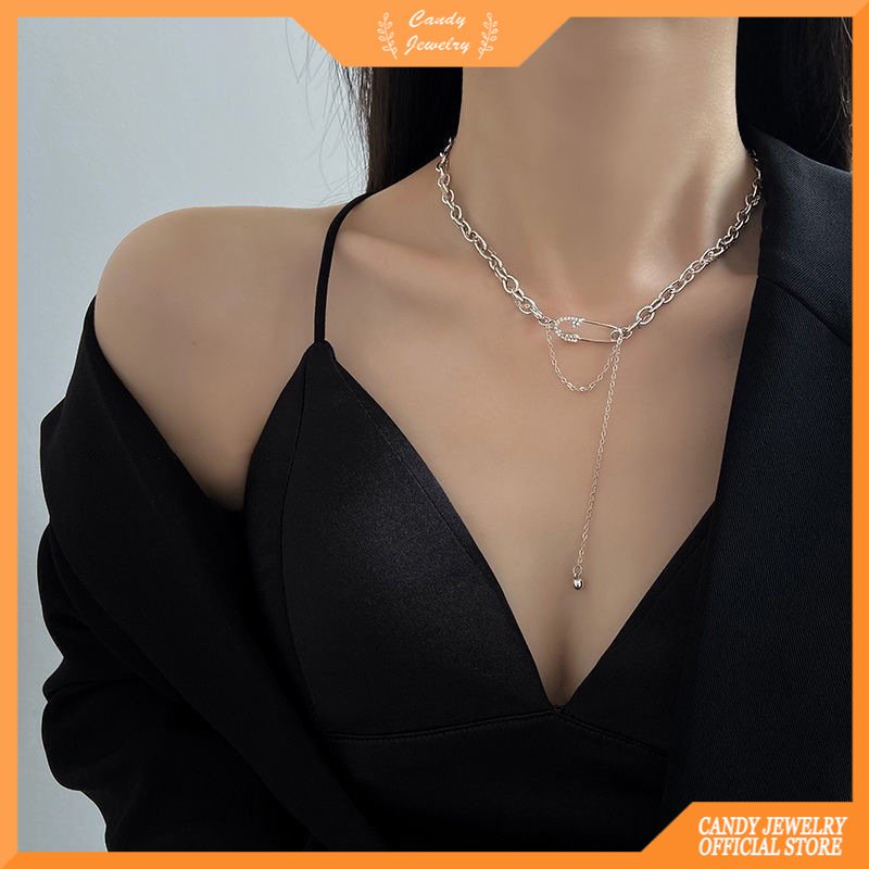 Kalung Rantai Klavikula Hias Liontin Rumbai Model Lapis Ganda Gaya Korea Hip hop Untuk Wanita