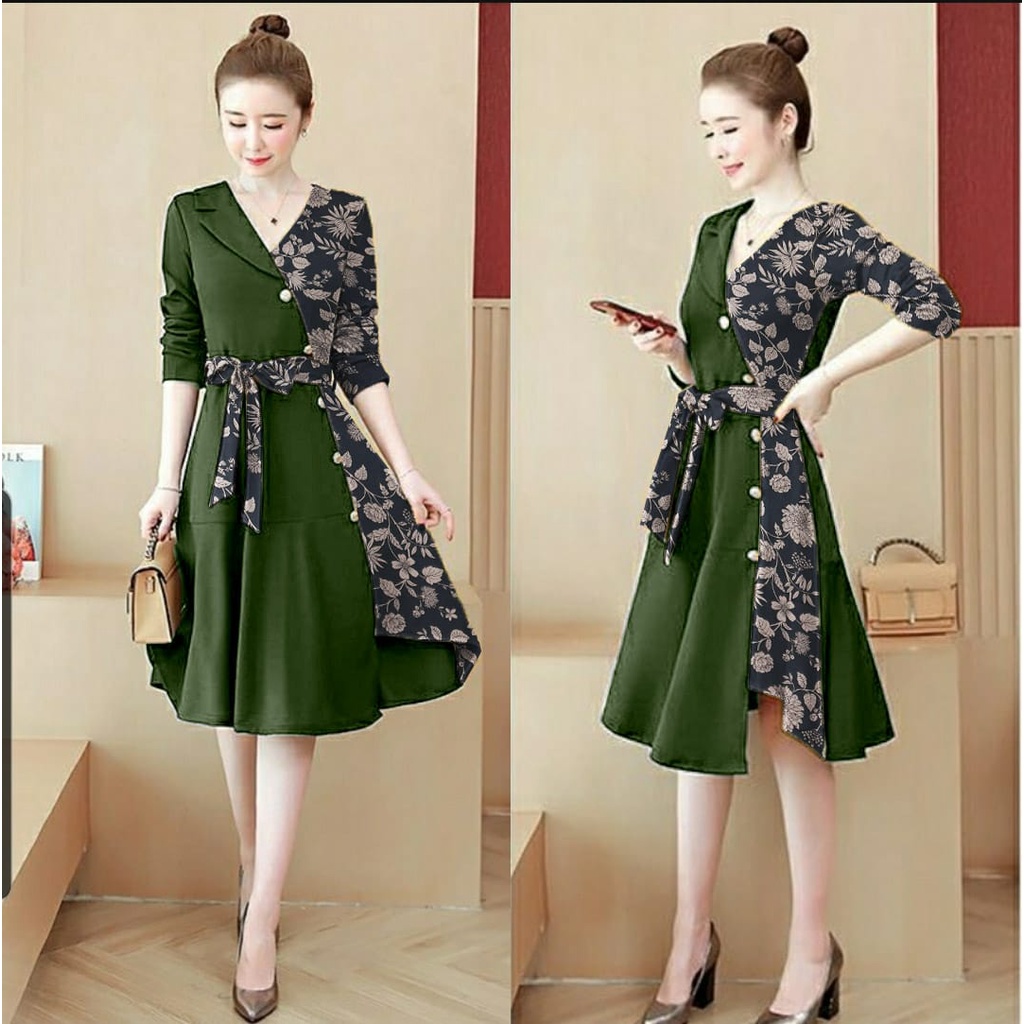 [HNFK] Dress Wanita Korean Style / Dress Agatha / Dress Kondangan Kekinian / Dress Motif / Pakaian Wanita Terbaru