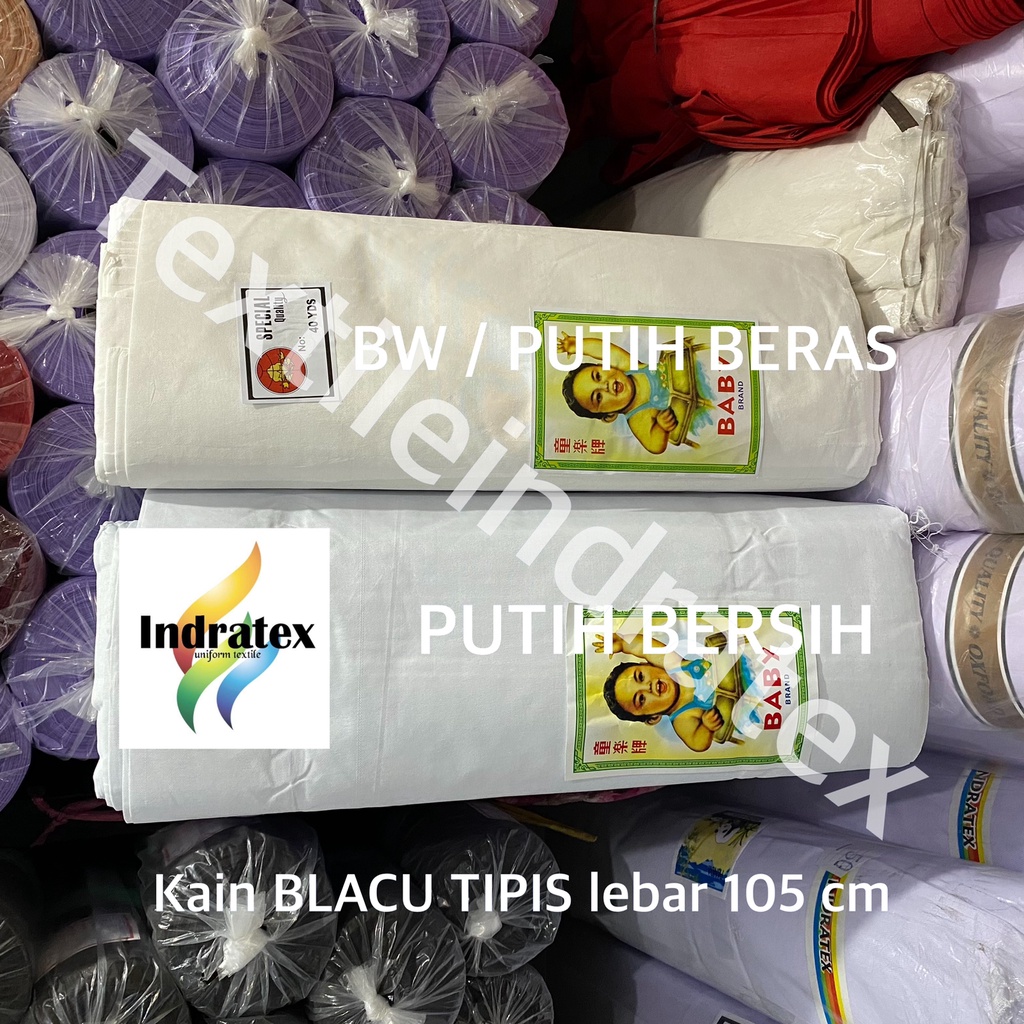 ( per setengah meter ) KAIN BELACU TIPIS cap BABY BLACU LEBAR 105 CM warna putih ECERAN BAHAN KANTONG SOVENIR LAPISAN FURNITURE