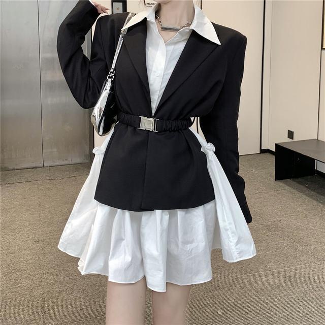 Suhao One-Piece Suit Hitam Kasual Blazer Wanita Berpinggang Temperamen Setelan Kecil Top Kemeja Lengan Panjang Gaun