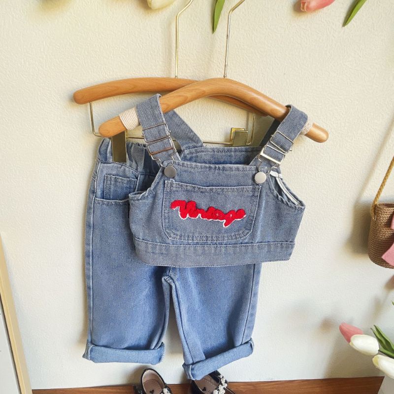 JUNE_COLLECTIONS SETELAN SET ANAK CELANA LENGAN PANJANG JEANS KODOK BAJU KODOK JEANS ANAK PEREMPUAN #657
