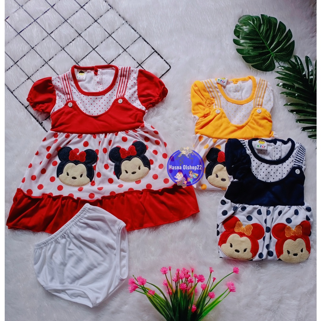 3 Stel Setelan Dress Bayi 3 - 18 Bulan, RED FOREST Overall Polkadot 2 Kartun, Baju Rok Anak Perempuan