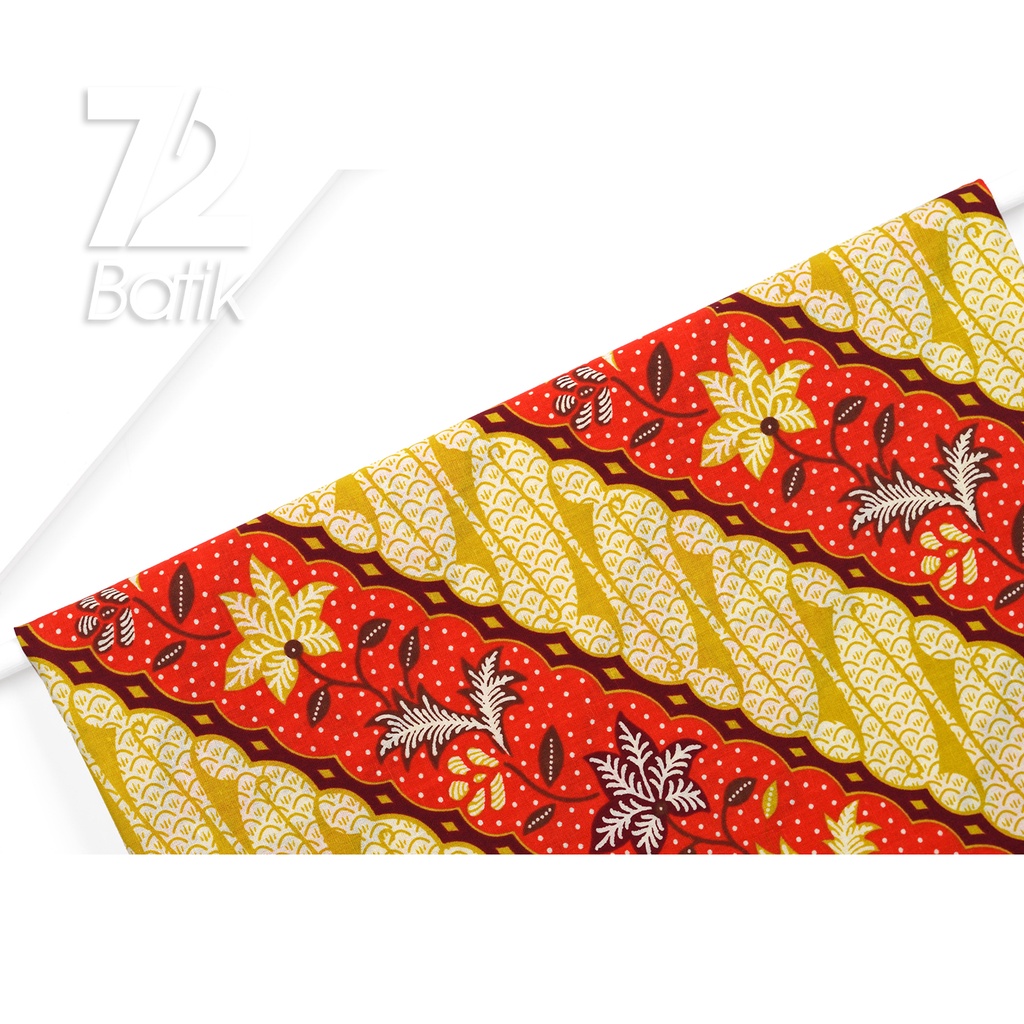 KAIN BATIK KATUN Premium Motif Daun Parang Warna Merah Kuning 722985 Cap 72IL Jarik Jarit Samping Kebat Panjang Batik Katun Modern Premium Bahan Seragam Batik Pernikahan Kantor Keluarga Murah Kamen Jadi Batik Bali Lembaran