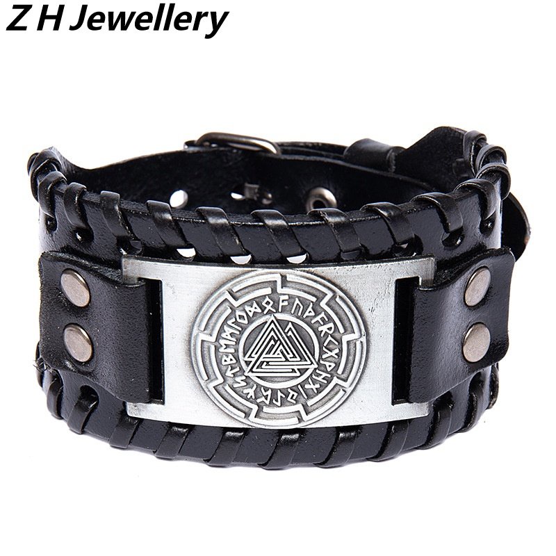 [Z H Perhiasan] Hip Hop Rock Retro Pria Fashion Stainless Steel Viking Rune Gelang Kulit Pesta Perhiasan Aksesoris