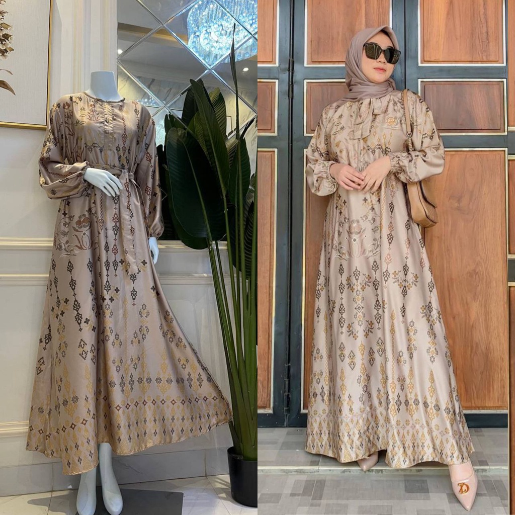 Diora Kirana Gamis Terbaru Maxmara Silk Dress Wanita Lengan Karet Panjang Maxidress Kekinian LD 110 cm