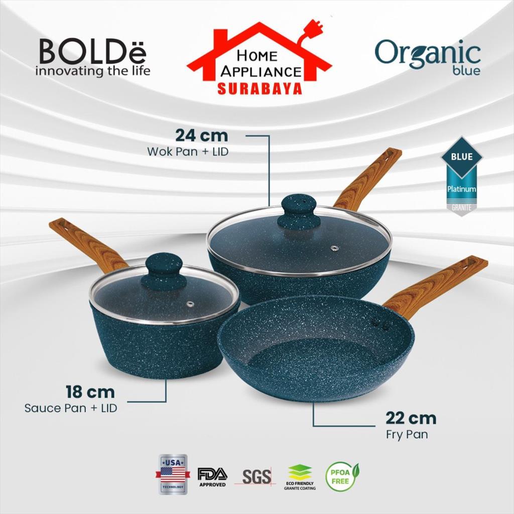 BOLDe Organic BLUE Cookware Set 5 PCS - Panci Wajan Wok Granite Set Anti Lengket