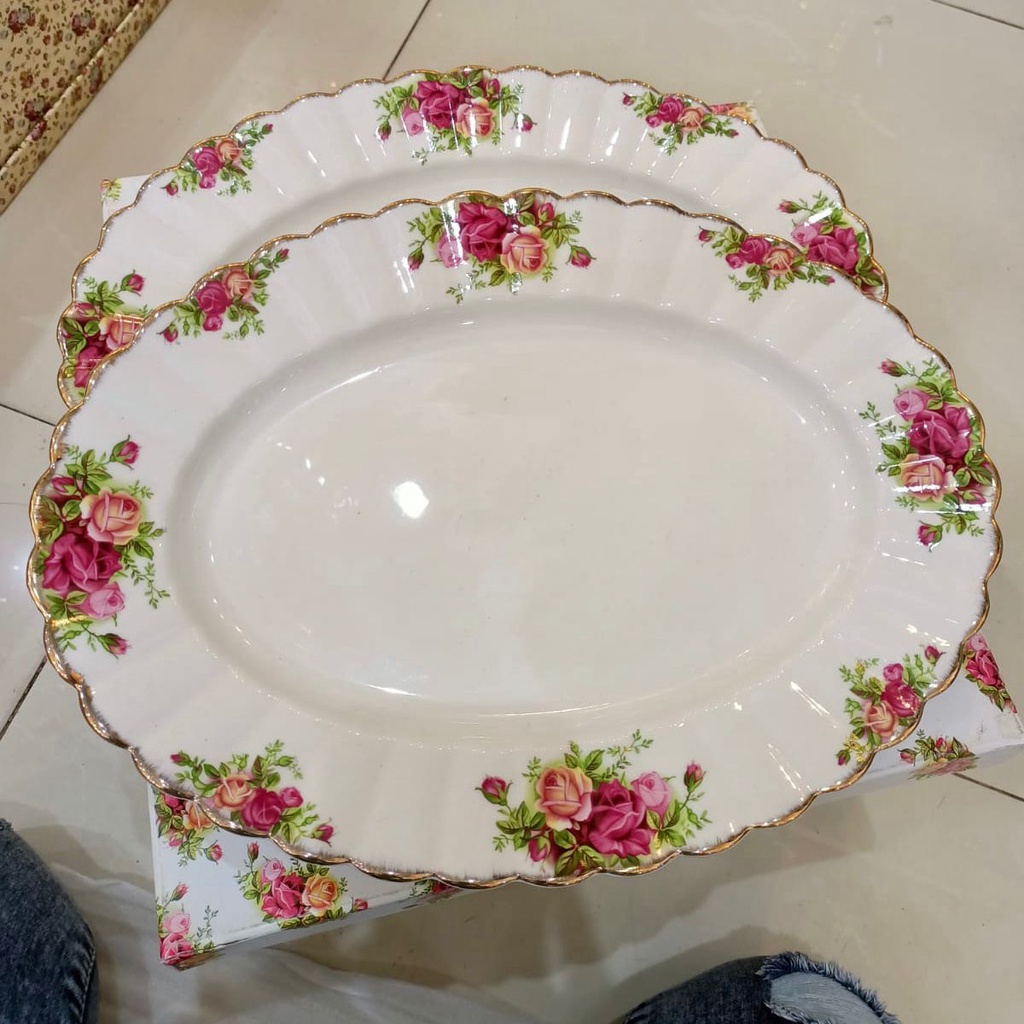 piring saji oval keramik 1 set isi 2 motif bunga seri royal capodimonte 14" mewah / piring lauk kera