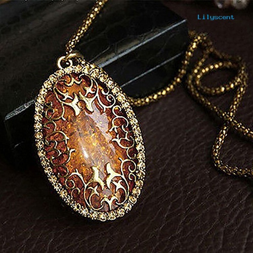 [LS]Wanita Vintage Amber Hollow Liontin Kalung Rantai Panjang Perhiasan Hadiah