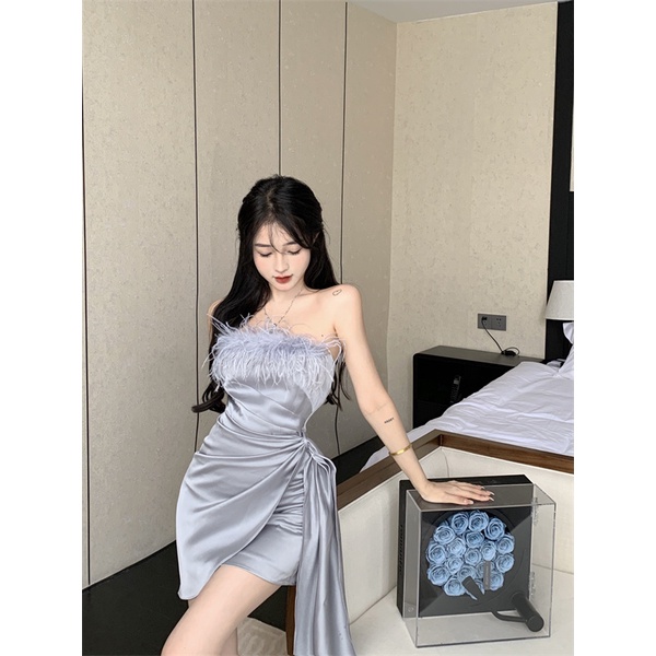 ﺴSuhao abu-abu one-shoulder tube top dress wanita musim panas Perancis rok satin pinggang pinggang temperamen rumbai rok berkualitas tinggi