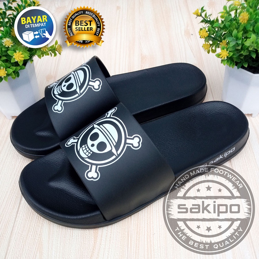 PROMO 1.1 MANTUL SALE !! SANDAL DISTRO KEREN KEKINIAN PRIA DEWASA REMAJA SLIDE HITAM MOTIF TENGKORAK LUFFI ONE PEACE / SAKIPO