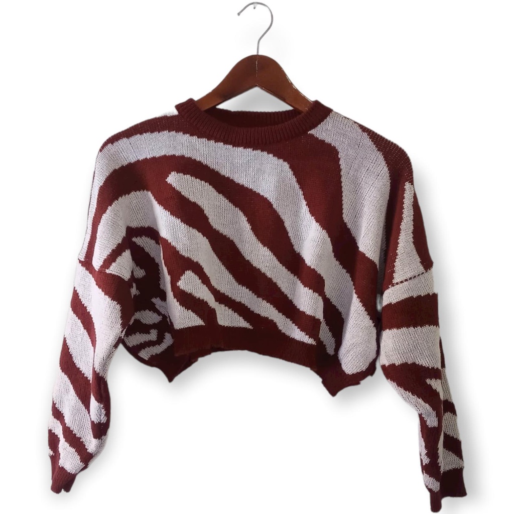 CAROLINA Sweater Rajut Crop Top, Motif zebra