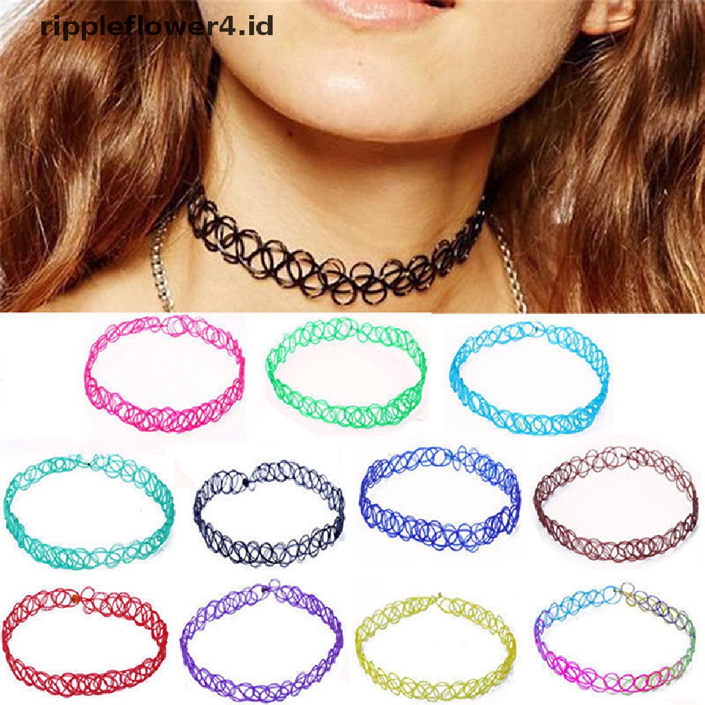 {rippleflower4.id} 12pcs/set Kerah Baru Vintage Stretch Tato Choker Kalung Wanita Gadis Pesona Punk Retro~