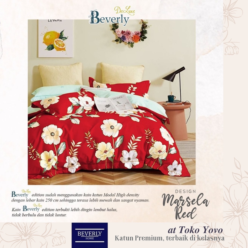 Sprei Katun Halus Beverly Marsela Red Bunga Flower Merah Maroon Seprei