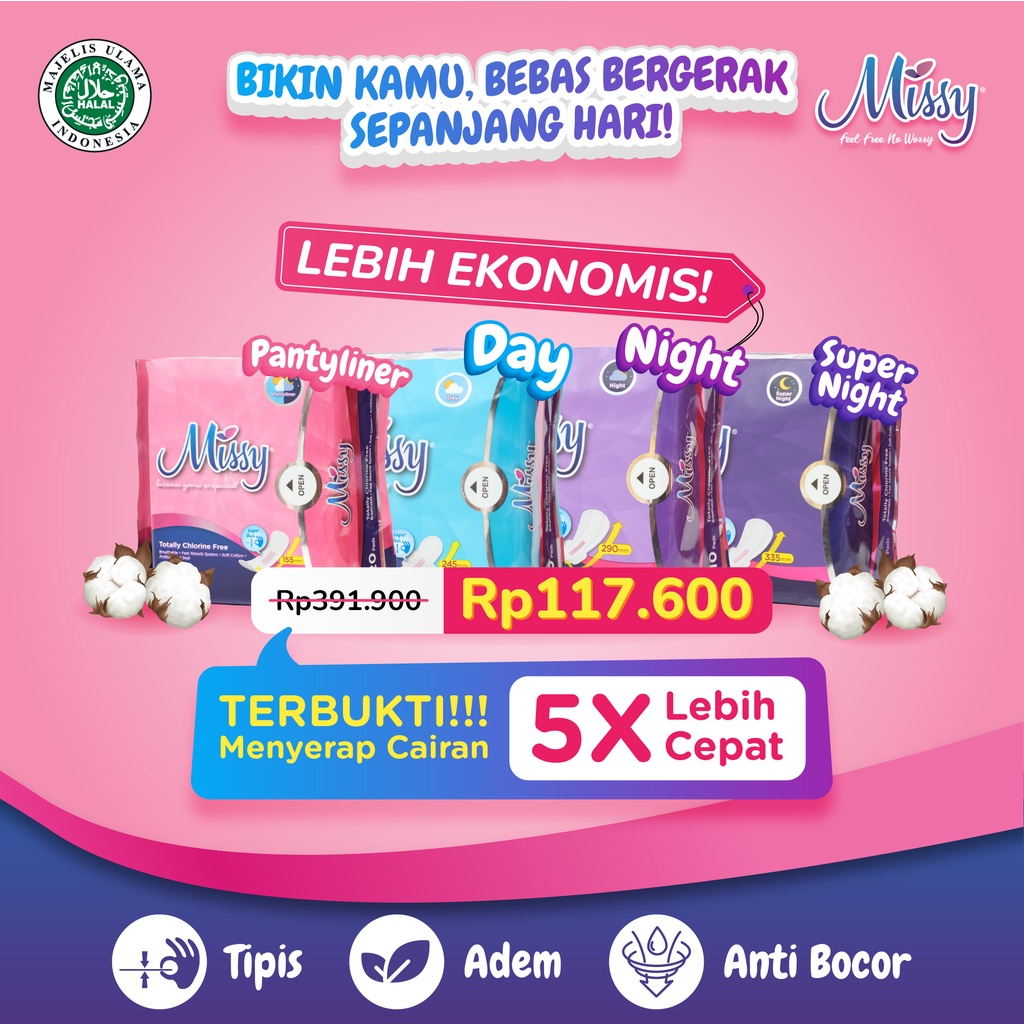 Paket Hemat Pembalut MISSY (PANTYLINER, DAY, NIGHT, SUPER NIGHT) | Pembalut dan Pantyliner HERBAL Kesehatan  Wanita | Non Wings dan Wings | Perawatan Miss V Menstrual Pad Menstruasi | Anti Bacterial Jamur Virus | Anti Bocor