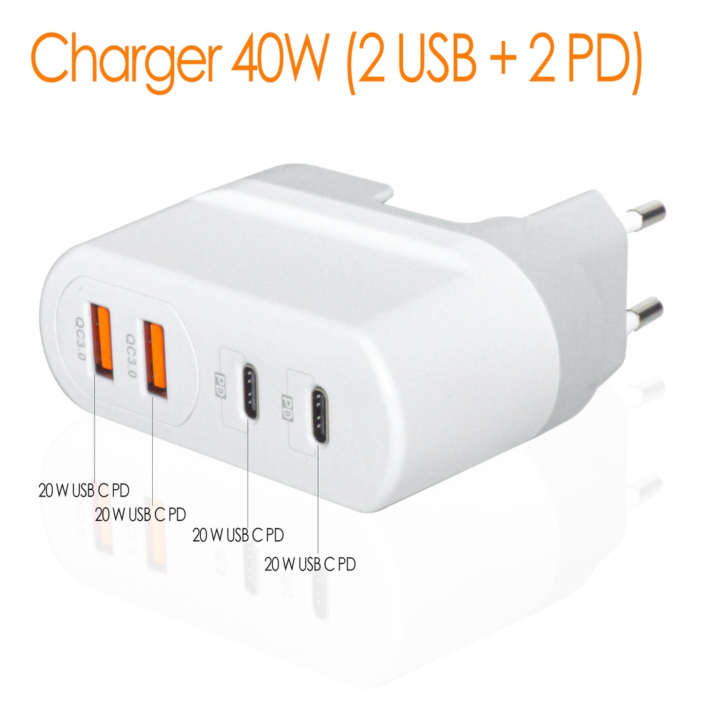 Adaptor / Adapter Charger Fast Charging 2 Port USB Quick Charge 3.0 18W + 2 Port PD USB-C 40W Wall Charger Adaptor