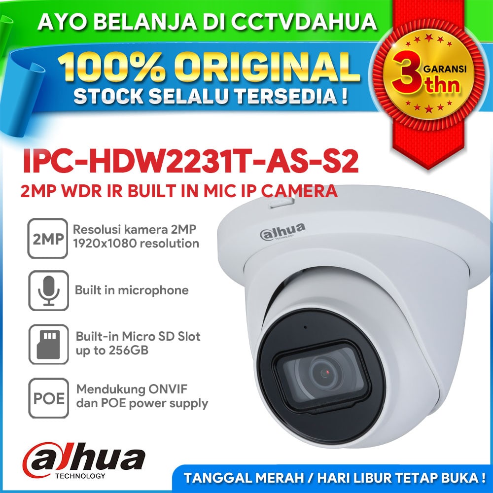 DAHUA IPC-HDW2231TP-AS-S2 2MP INDOOR AUDIO ONVIF POE BULIT IN MICRO SD