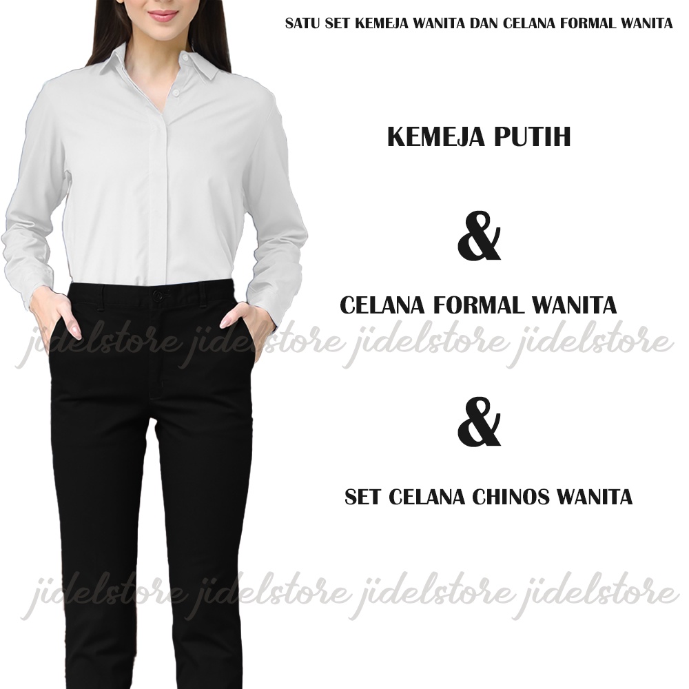 Setelan Kemeja Wanita Polos Dan Celana Formal Wanita Warna PUTIH Lengan Panjang Stretch Melar JUMBO Kantoran Kerja Katun Cotton Premium