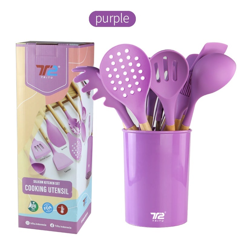 TRITU Utensil Set Sutil 12 Pcs Silikon Peralatan Memasak Spatula Silicone Warna Purple/ Original/Rea