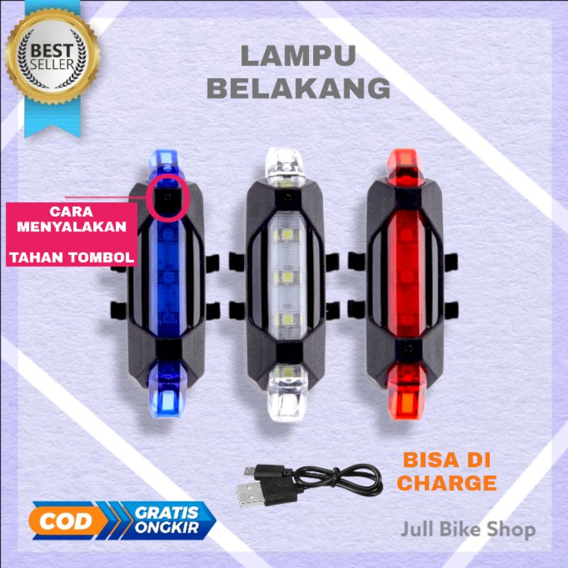 Lampu belakang sepeda led charger rechargeable cas terang merah biru putih mtb lipat anak bmx fixie usb senter depan