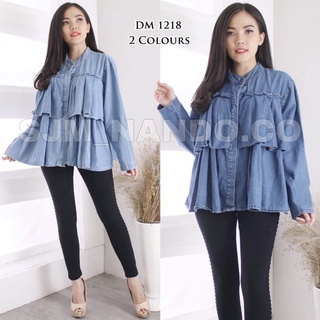 MBO  BLOUSE ATASAN WANITA BAHAN DENIM JEANS IMPORT FASHION BABY DOLL RUMBAI LENGAN PANJANG 1218