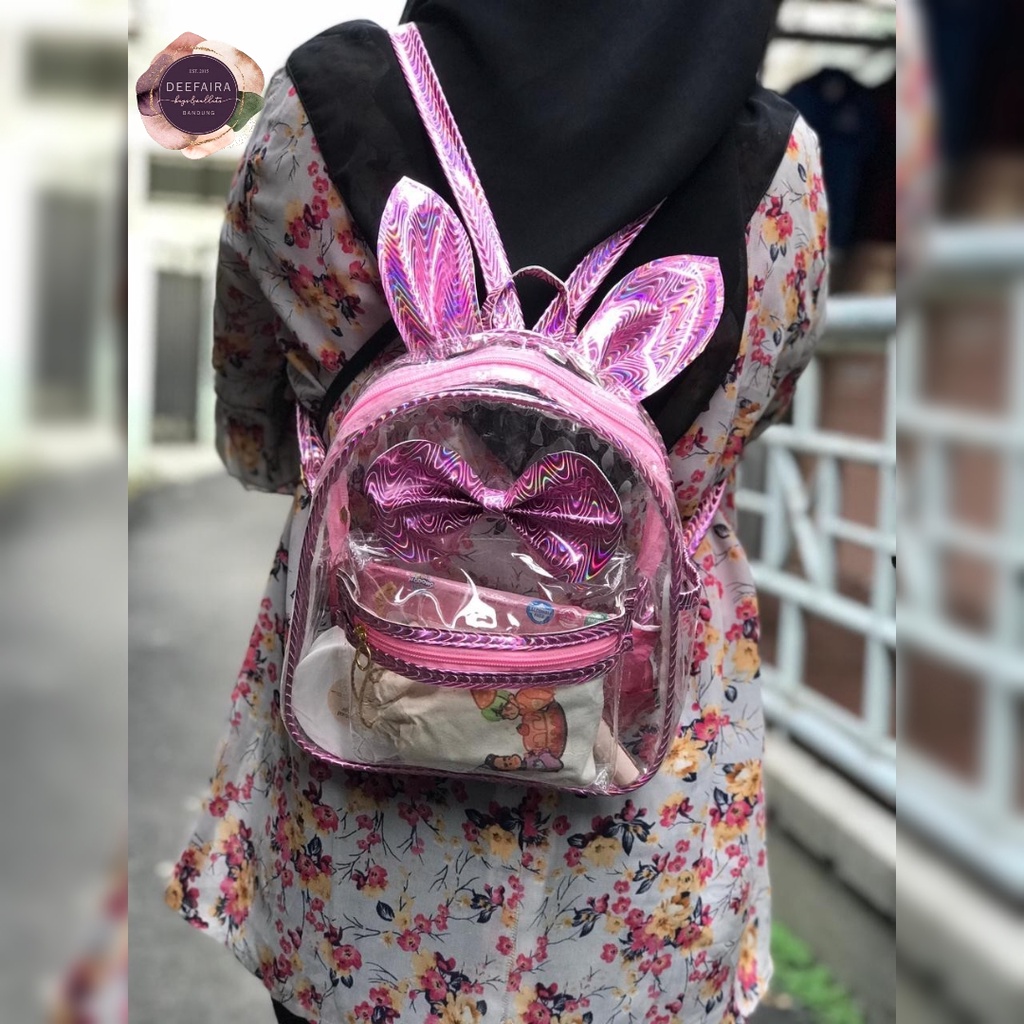 Tas Ransel Wanita Motif Telinga Kelinci Hologram Transparan Lucu Dan Berkilau