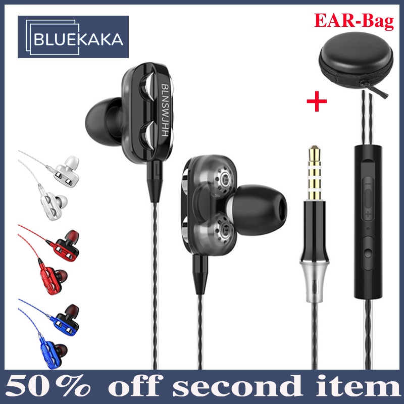 A4 Earphone Dengan Tas Earphone Dual Driver Headphone Kabel 3.5mmIn-Ear Stereo HIFI Music Headset Olahraga Lari Earbuds