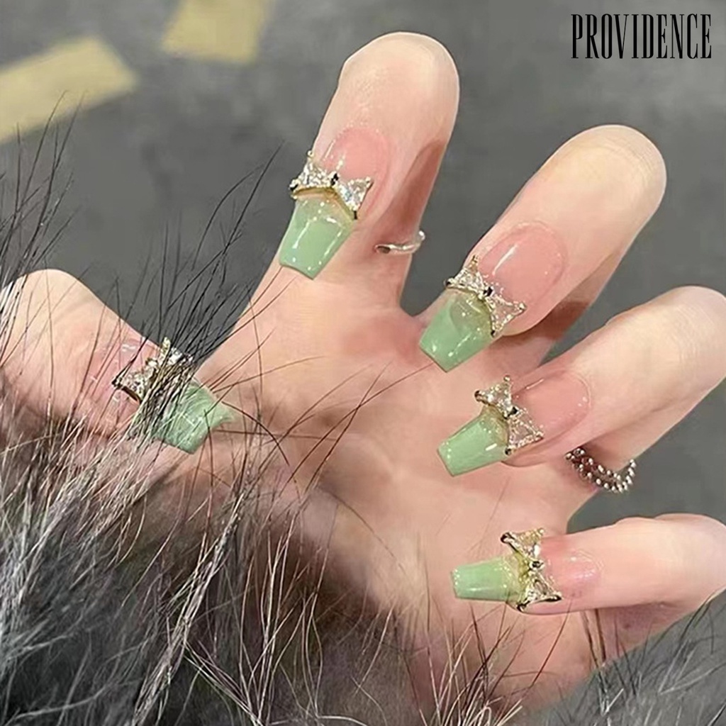 Providence 1set Balet Kuku Palsu Mempesona Efek Visual Mudah Dilepas Penuh Penutup DIY Gaya Panjang Stick on Green Ikatan Simpul Manicure Tips Nail Salon Supply