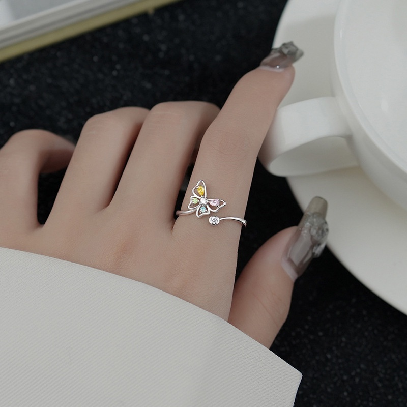 S925 Perak Kupu-Kupu Warna Kristal Cincin Perempuan Pribadi Pembukaan Adjustable Cincin Aksesoris Hadiah