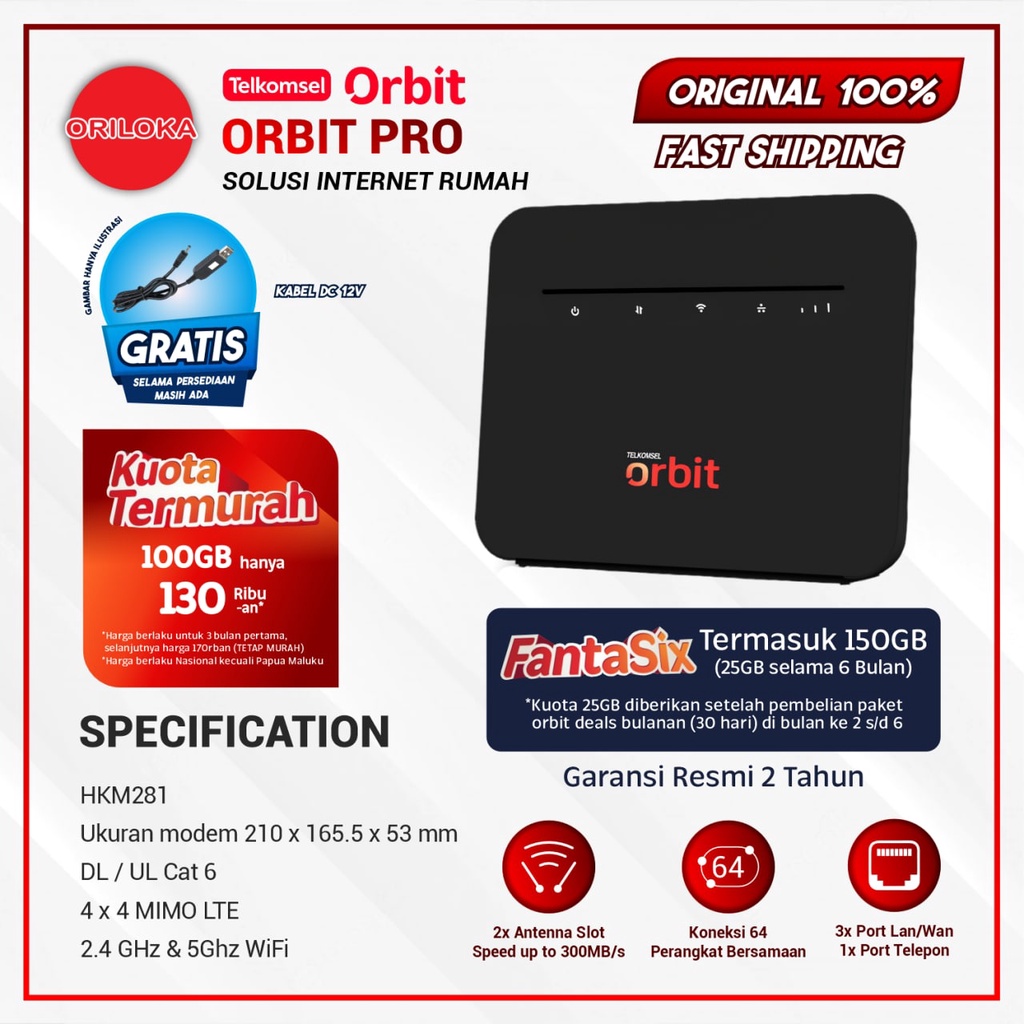 Modem Orbit Pro HKM281 Router FREE PAKET 150GB - Garansi Resmi