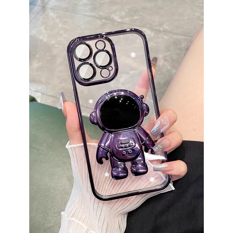 IPHONE Nasa Astronot Lipat Stand Holder Pelindung Lensa Cover Case Untuk Iphone11 12 13 14 Pro MAX Mini XS MAX XR X7 8 Plus SE2 2020 Mewah Plating Shockproof Matte Clear Cover