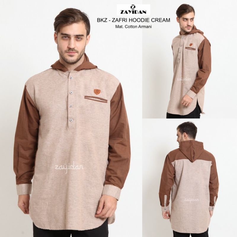 Zayidan Zafri Hoodie Baju Koko Pria Kurta Pakistan Muslim Lengan Panjang Warna Krem