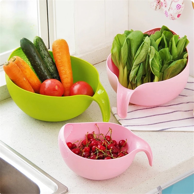 1pc Colander Saringan Beras Bahan Plastik Warna-Warni Dengan Gagang/Keranjang Saringan Cuci Buah Sayuran Gadget Dapur