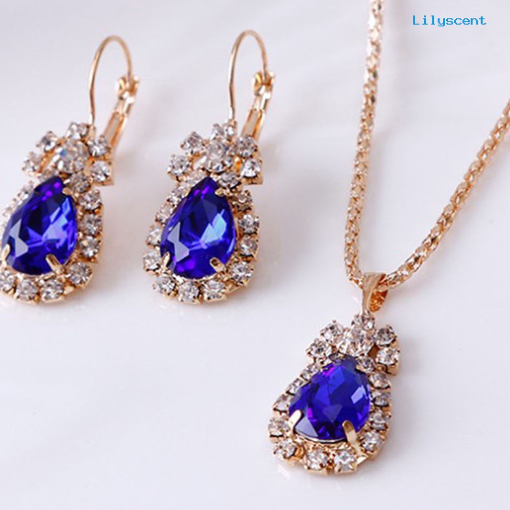 [LS] 3pcs/set Ladies Pendant Necklace Bentuk Tetesan Air Aksesori Tahan Aus Elegan Kalung Menjuntai Anting Cincin Set Untuk Pernikahan