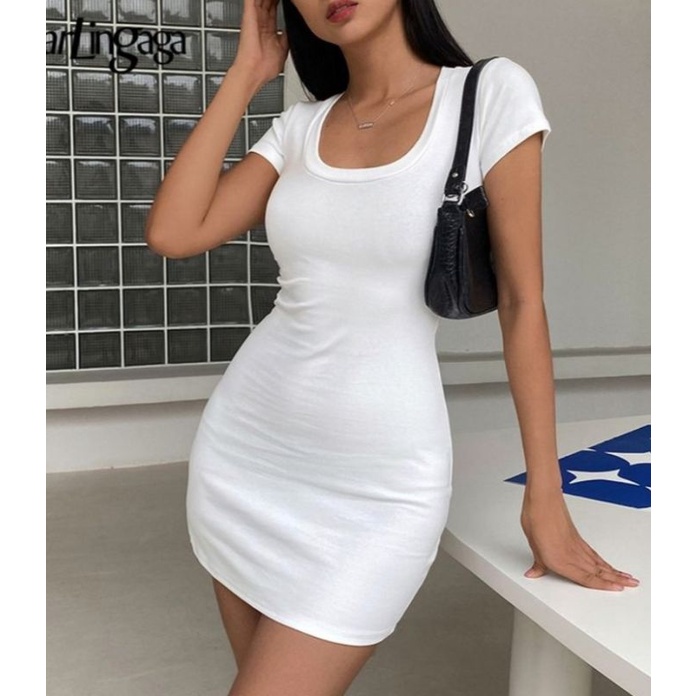 mini dress Korean Bodycon bodyfit ketat Sexy Mini Dress Square Neck Dress Wanita Lengan Pendek