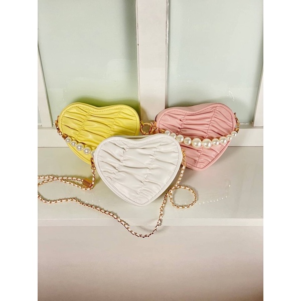 Tas Kulit Hati Selempang Rantai Wanita CK Love Ruched Leather Slingbag Premium Import, Putih White S