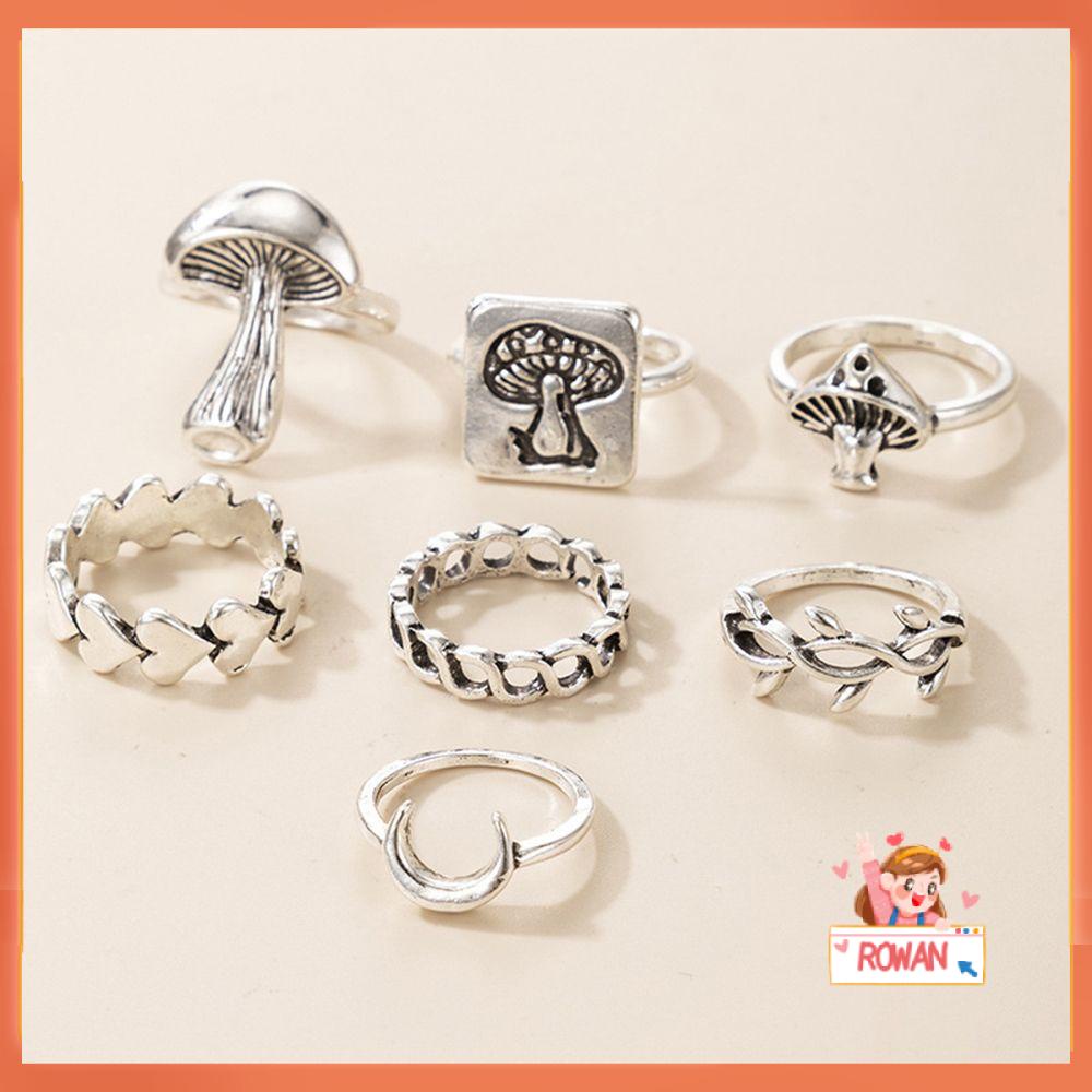 R-bunga 7 Pcs Cincin Fashion Wanita Kesederhanaan Cinta Hati Bulan Jamur Perhiasan Terbuka Cincin