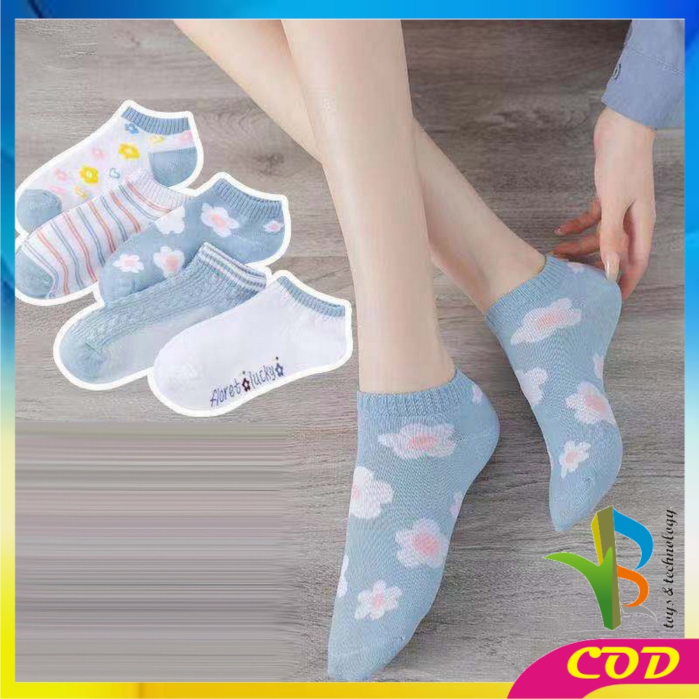 RB-P186 Kaos Kaki Pendek Semata Kaki Motif Bunga Biru Wanita Korean Style / Flower Ankle Sock / Kaus Kaki Pendek Wanita Dewasa