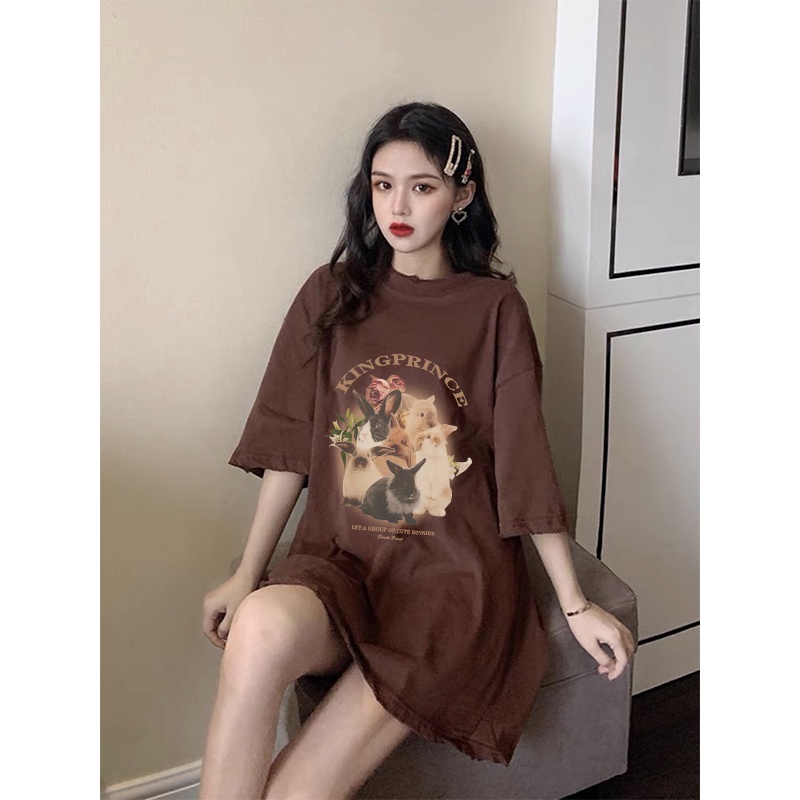 [chaoo.id]Rabbit Kaos Lengan Pendek Cream Atasan Wanita Oversize Printed T-shirt Kekinian Korean Style/atasan wanita import