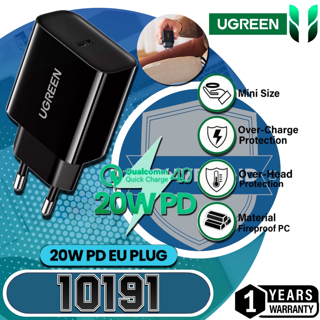 UGREEN 10191 20W USB TYPE C PD QC 4.0 Fast Charging Charger Adaptor Garansi Resmi 1 Tahun - Batok Ke