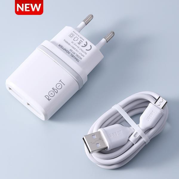 Charger 2 Port USB + Kabel Data  Micro USB 100cm Robot RT-K9 2,1A - White