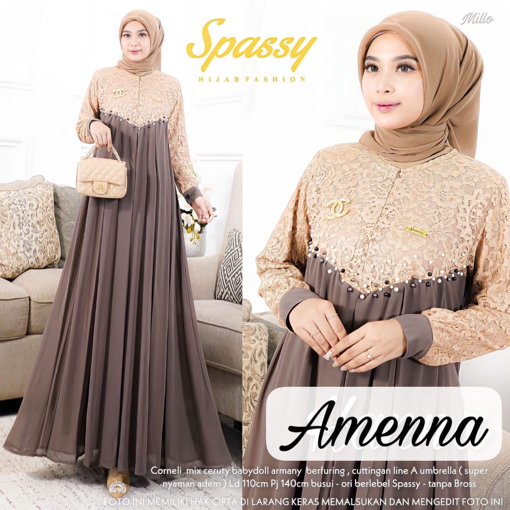 Amenna Dress Wanita Gamis Brukat Baju Kondangan Busana Muslim Wanita Terbaru Gamis Jumbo Ceruty Babydoll Aksen Mutiara