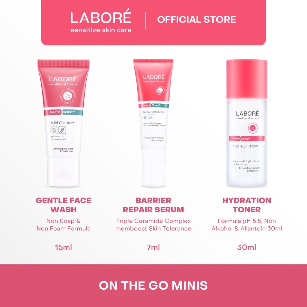 LABORE Sensitive Skin Care On The Go Minis II Indonesia / Trial Kit GentleBiome Mild Cleanser 15ml Hydration Toner 30ml Repair Serum 7ml / Sensitive Skincare Kulit Sensitif Wajah Muka Facial Face Wash Day Night Cream Moiturizer Sunscreen Mask Mini Series