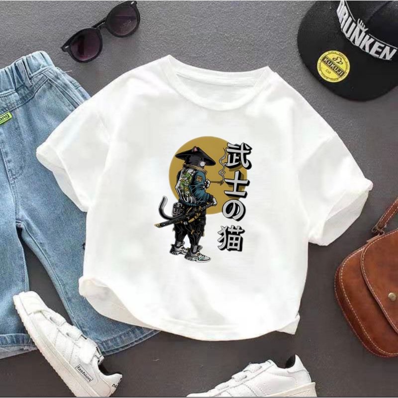 Kaos Distro Anak Umur 2 Sampai 10 Tahun Kaos Anak Gambar Kucing Samurai Baju Anak Laki Laki Bahan katun