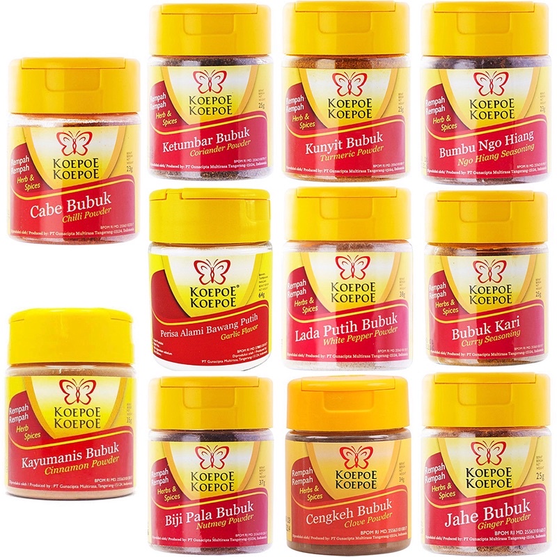 

Koepoe-Koepoe / Rempah / Cinnamon / Powder / Ginger / Curry / Seasoning / Nutmeg / Clove / Chilli / White Pepper / Turmeric / Garlic / Ngo Hiang / Coriander / Kayu Manis / Bubuk / Jahe / Pala / Cengkeh / Cabe / Lada / Putih / Kunyit / Bawang / Ketumbar