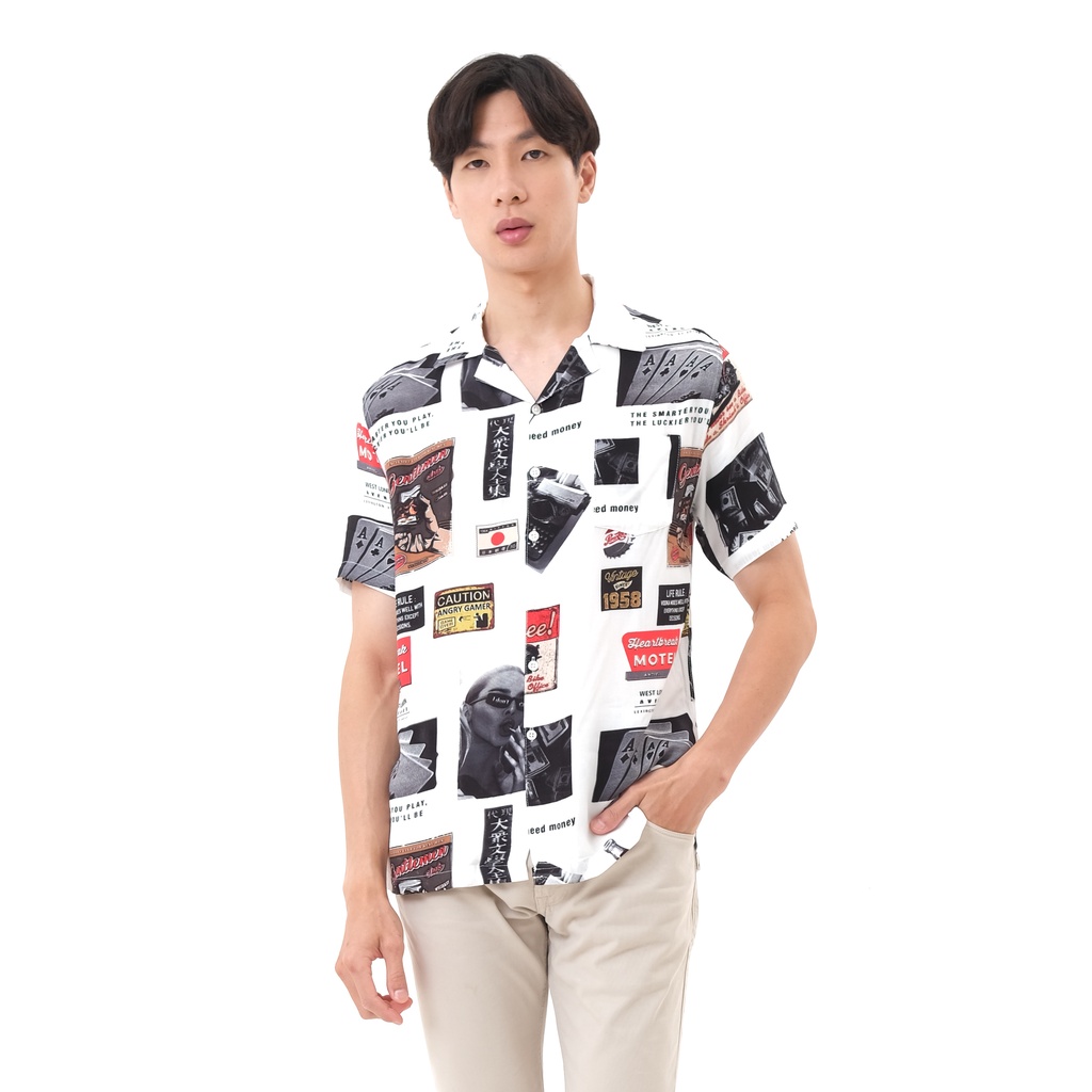 SANVANINA Kemeja Hawaiian Pantai Printing - Vintage White Casual Shirt E-2043
